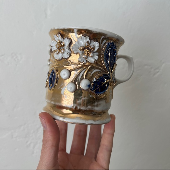 Antique Porcelain gilded German Back-stamp Lusterware Shaving Mug flowers vine - Picture 3 of 13